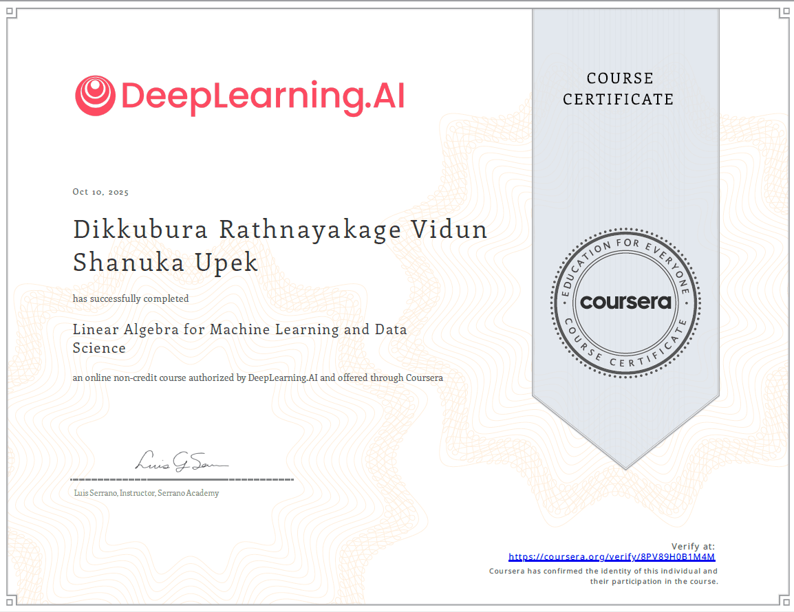 Linear Algebra And ML for Data Science - Coursera